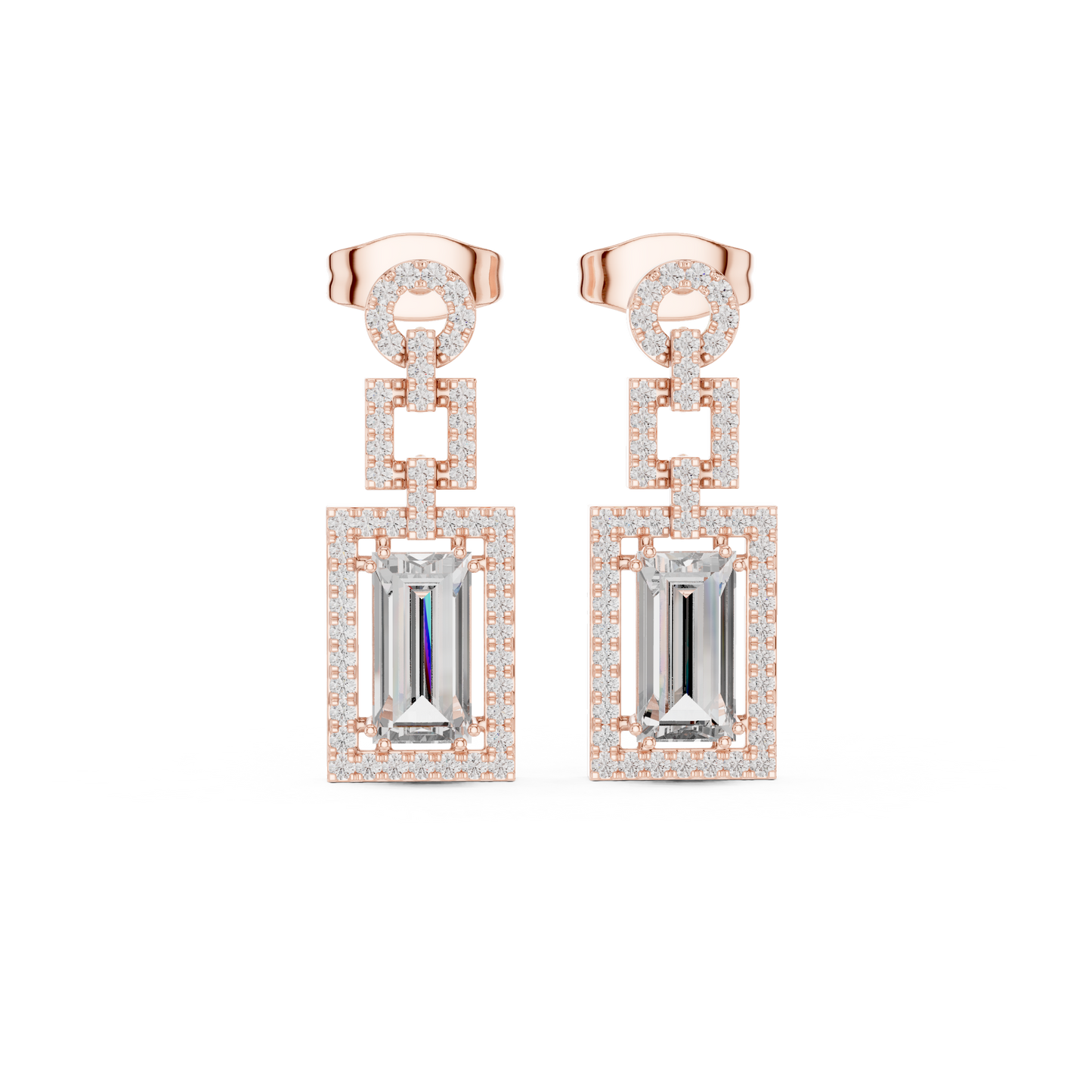 Geometric Art Deco Emerald-Cut Diamond Drop Earrings
