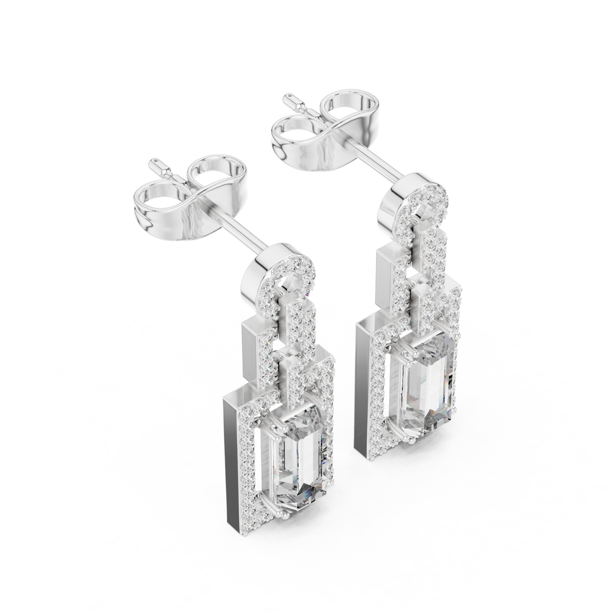 Geometric Art Deco Emerald-Cut Diamond Drop Earrings