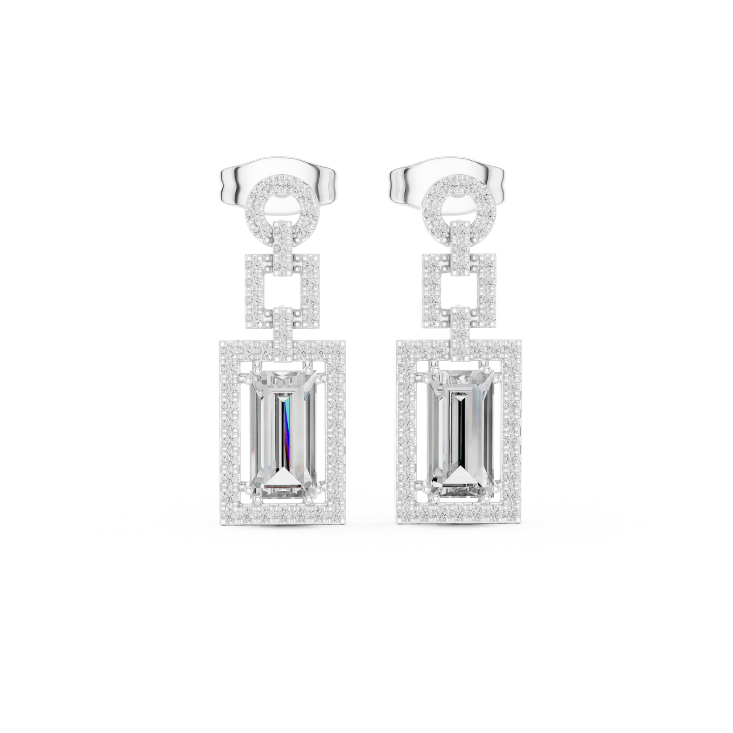 Geometric Art Deco Emerald-Cut Diamond Drop Earrings