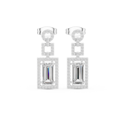 Geometric Art Deco Emerald-Cut Diamond Drop Earrings