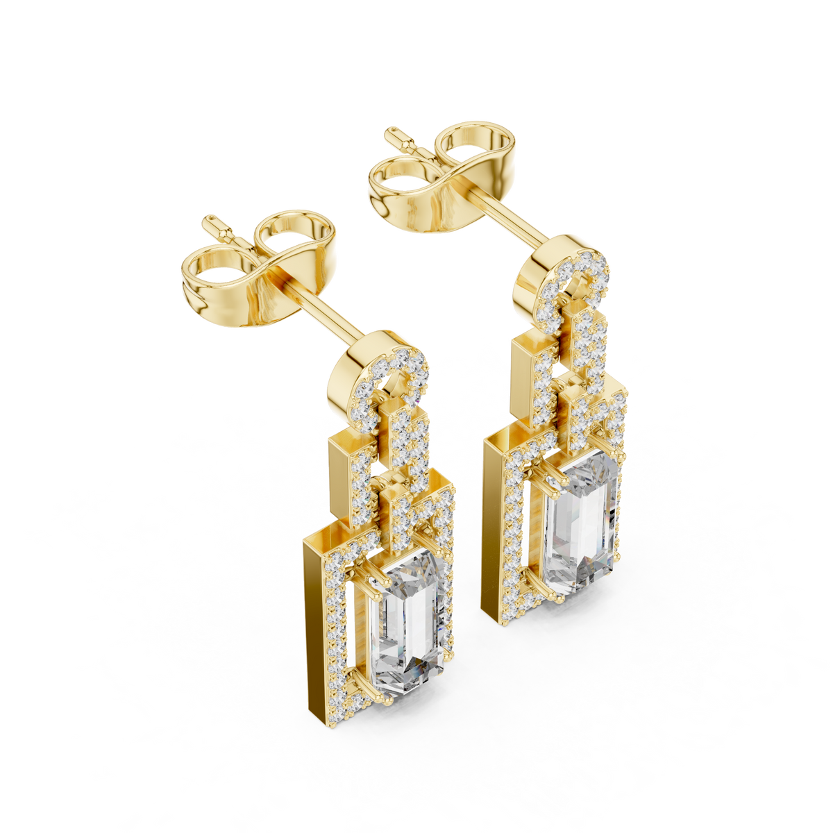 Geometric Art Deco Emerald-Cut Diamond Drop Earrings