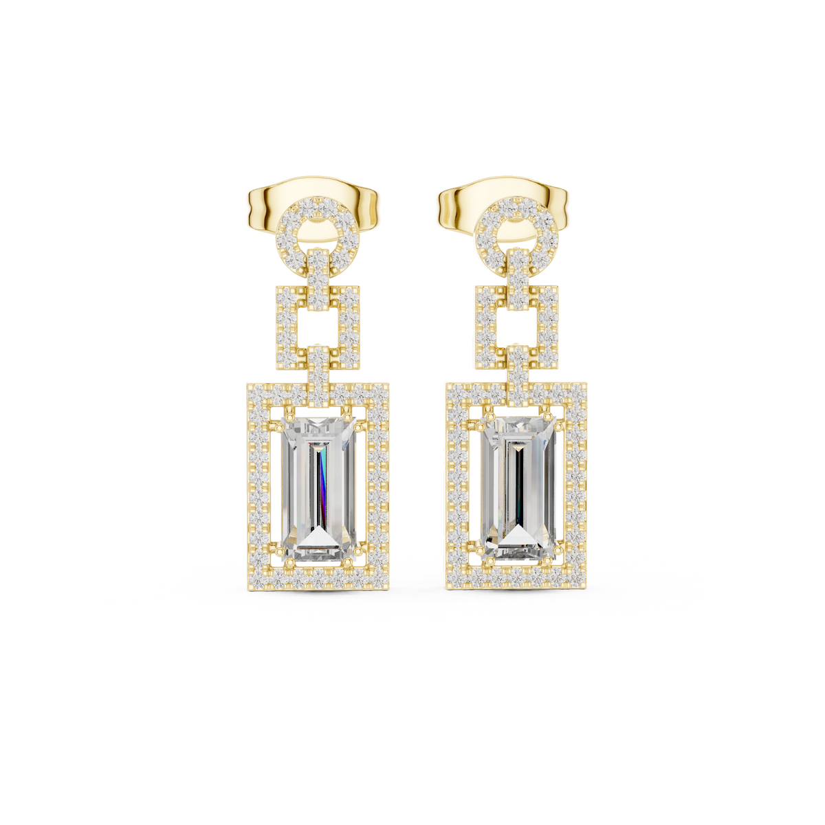 Geometric Art Deco Emerald-Cut Diamond Drop Earrings