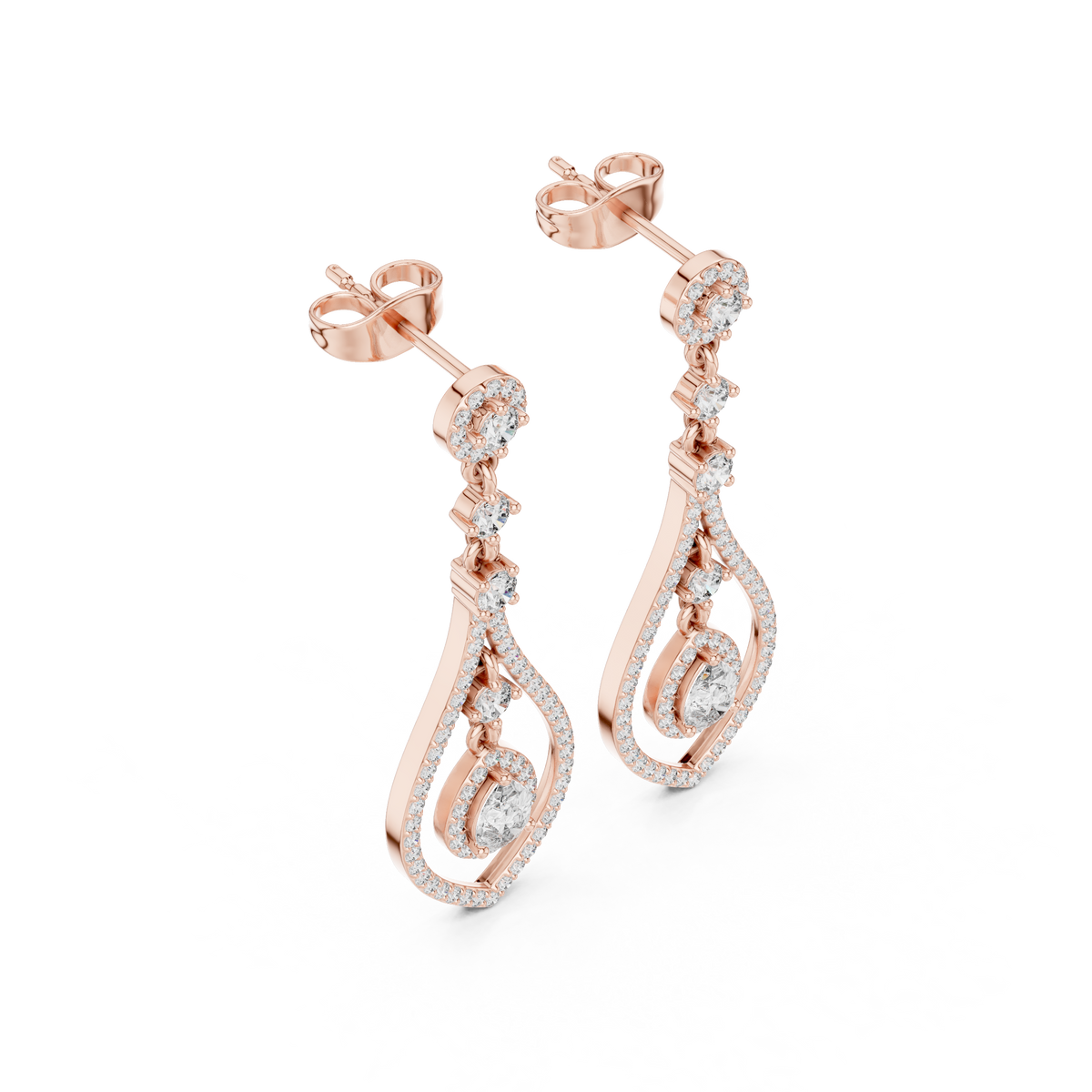 Pear-Cut Diamond Openwork Halo Drop Earrings