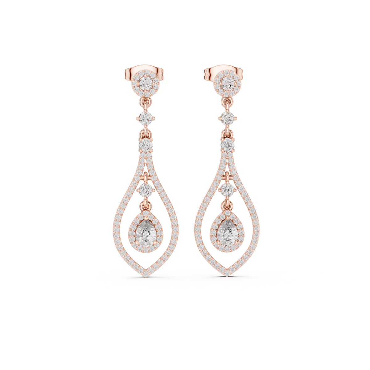 Pear-Cut Diamond Openwork Halo Drop Earrings