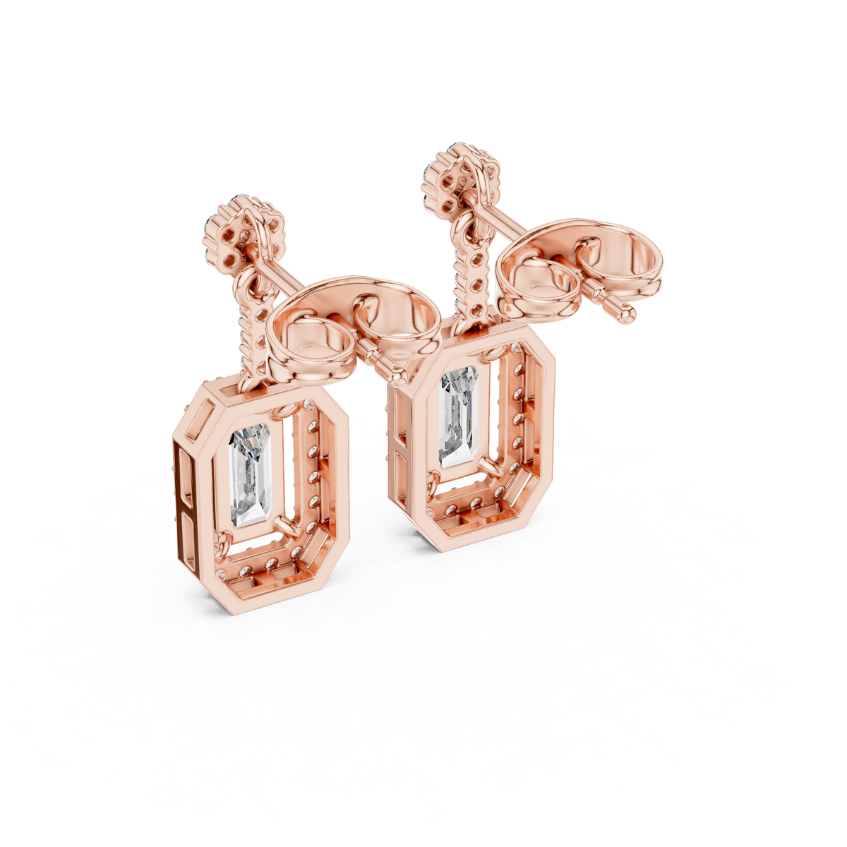 Emerald-Cut Diamond Halo Octagon Drop Earrings