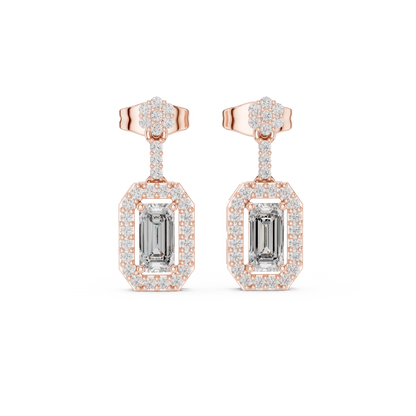 Emerald-Cut Diamond Halo Octagon Drop Earrings