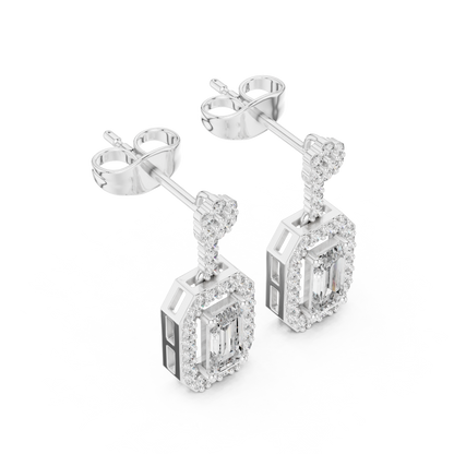 Emerald-Cut Diamond Halo Octagon Drop Earrings