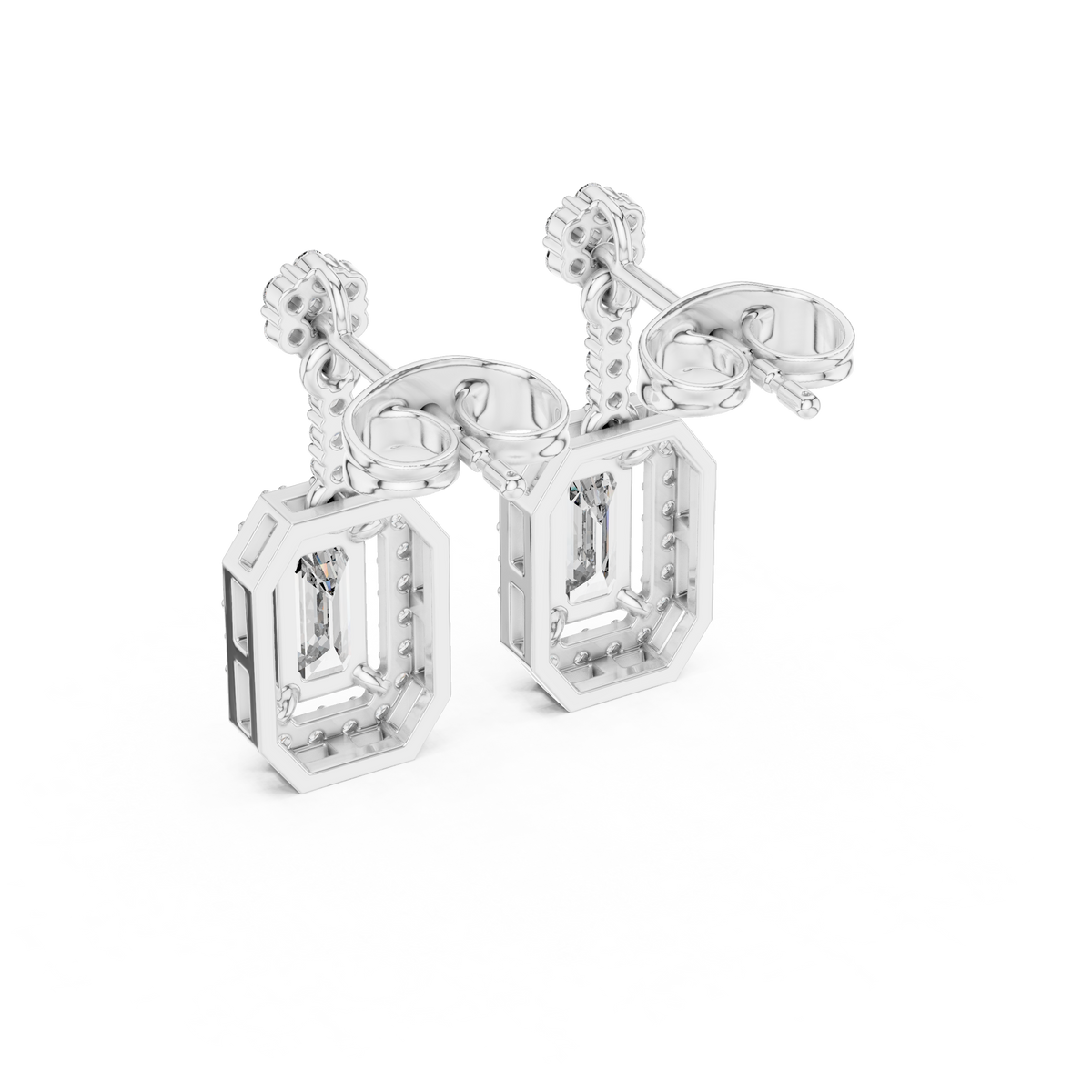 Emerald-Cut Diamond Halo Octagon Drop Earrings