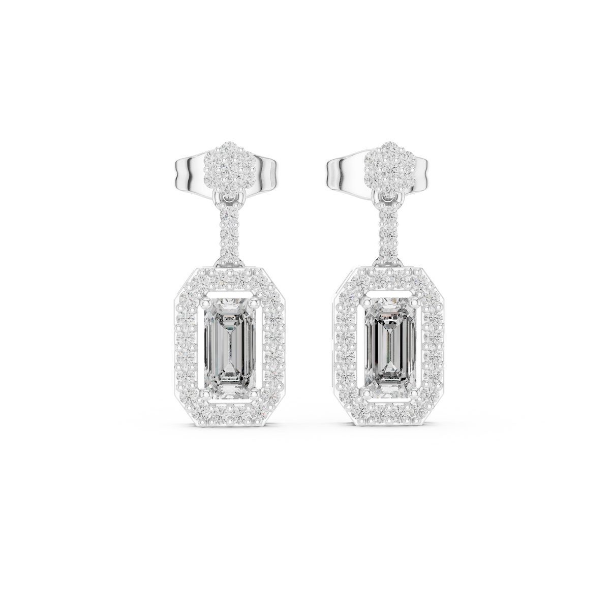 Emerald-Cut Diamond Halo Octagon Drop Earrings