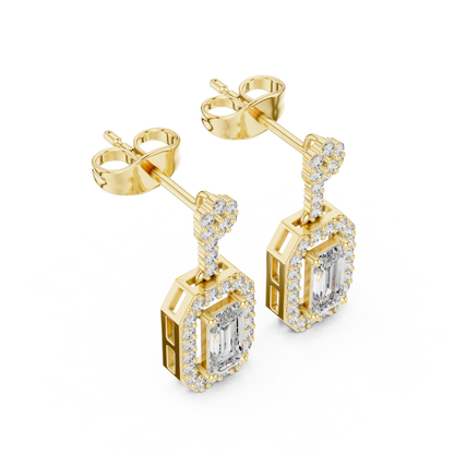 Emerald-Cut Diamond Halo Octagon Drop Earrings