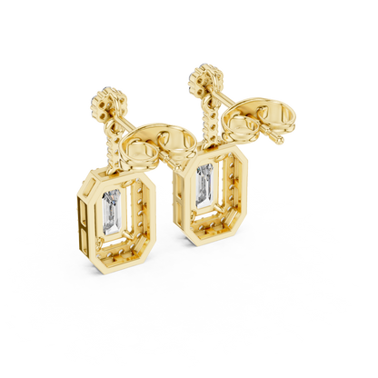 Emerald-Cut Diamond Halo Octagon Drop Earrings