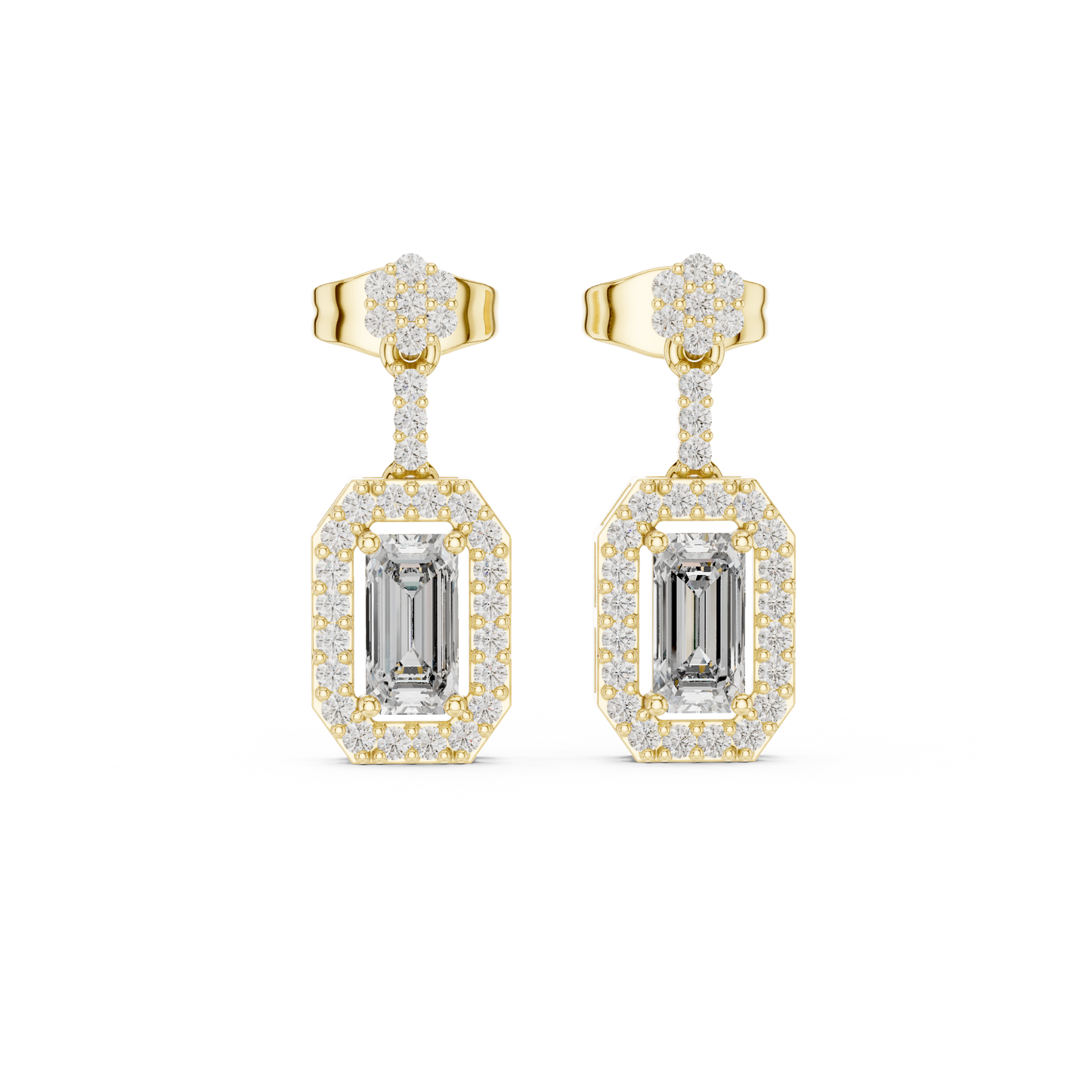 Emerald-Cut Diamond Halo Octagon Drop Earrings