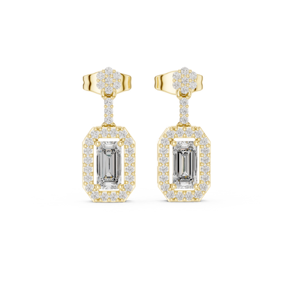 Emerald-Cut Diamond Halo Octagon Drop Earrings