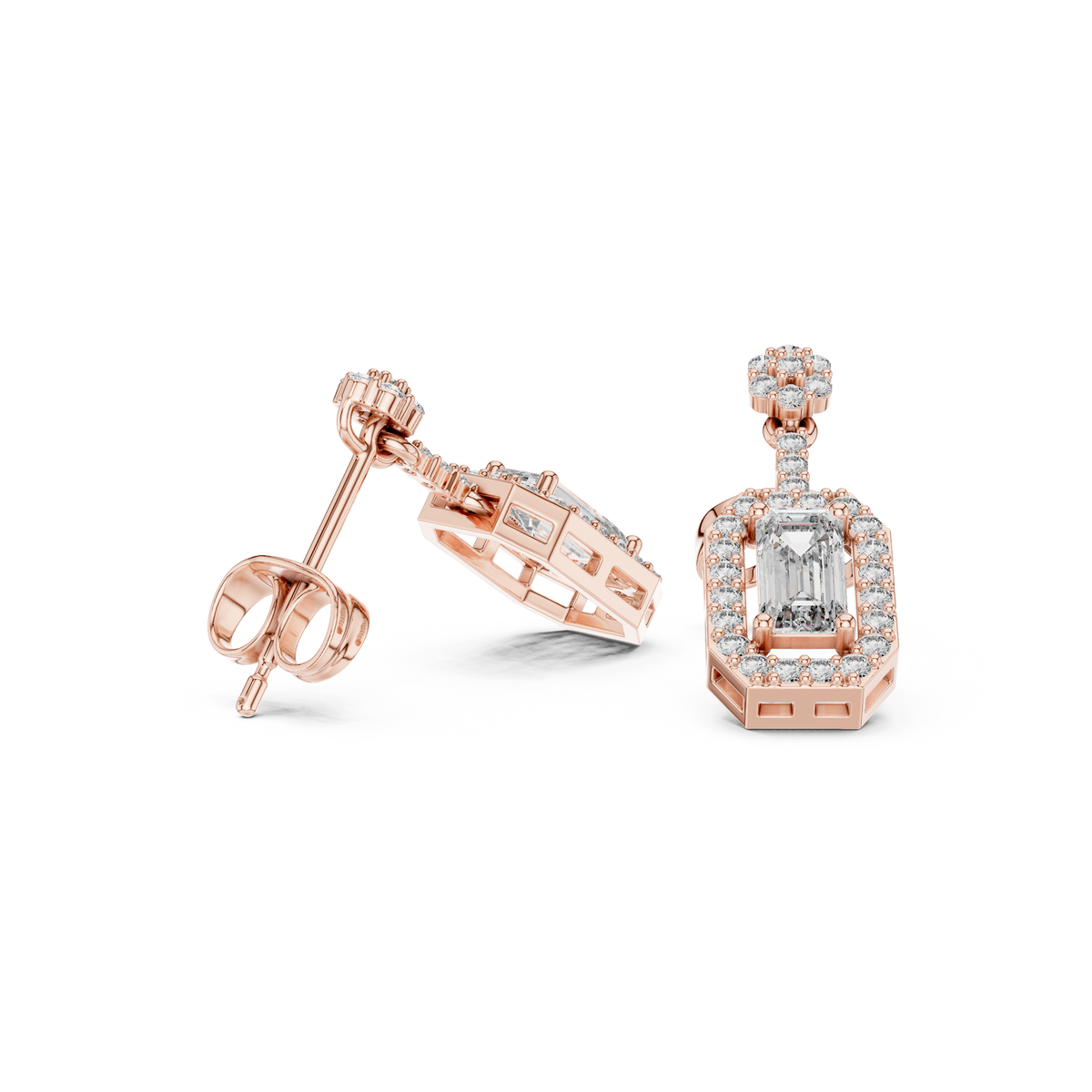 Emerald-Cut Diamond Halo Octagon Drop Earrings