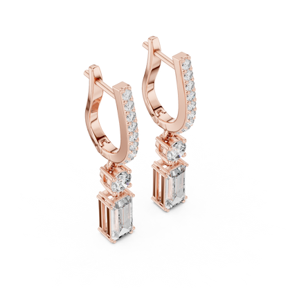 Elegant Emerald and Round Cut Diamond Drop Hoop Earrings