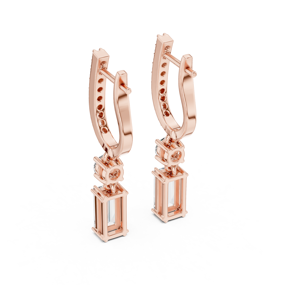 Elegant Emerald and Round Cut Diamond Drop Hoop Earrings