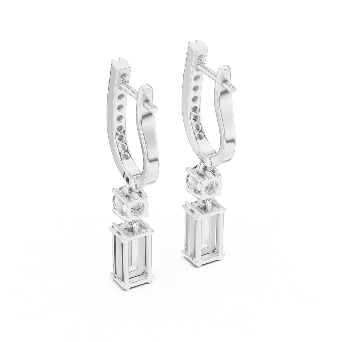 Elegant Emerald and Round Cut Diamond Drop Hoop Earrings