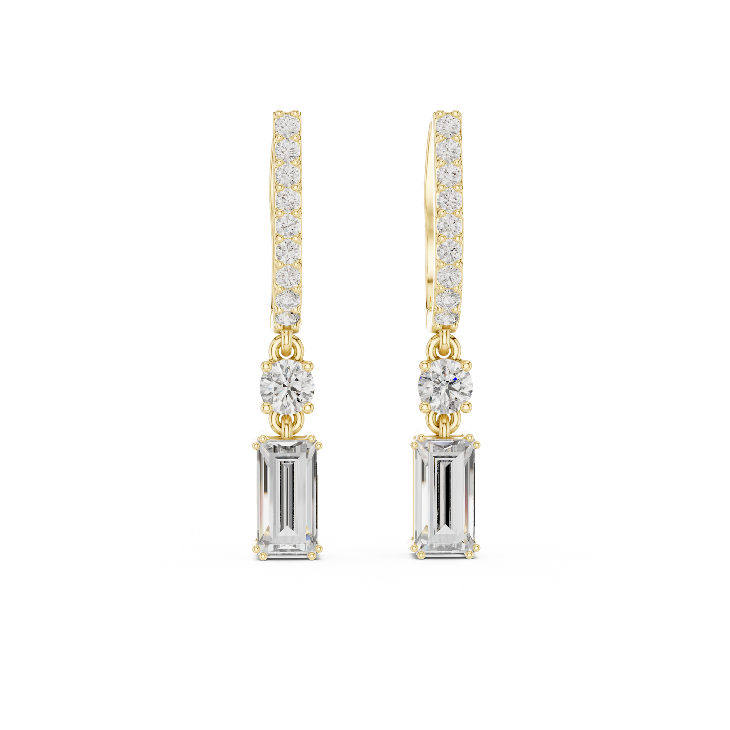 Elegant Emerald and Round Cut Diamond Drop Hoop Earrings