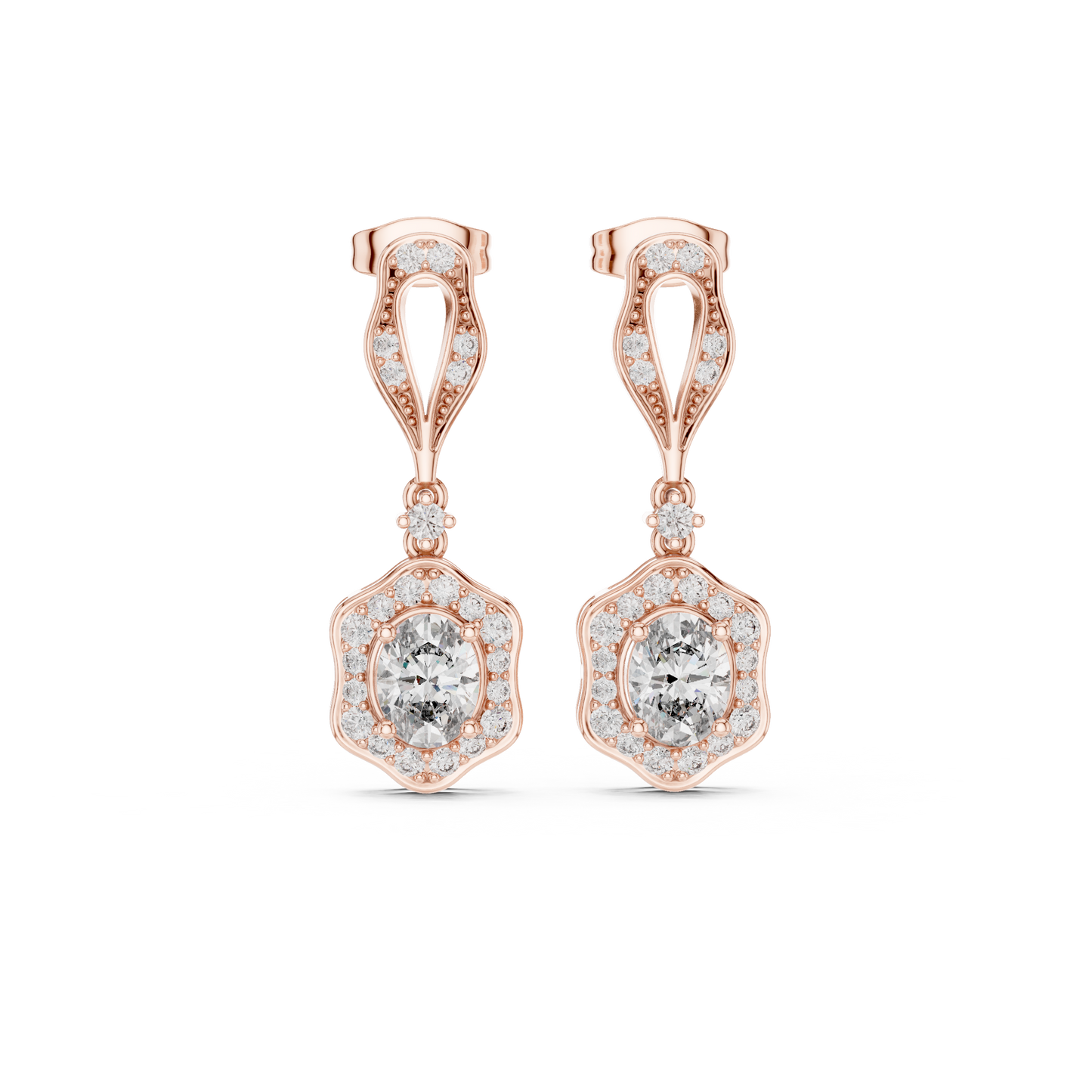 Vintage-Inspired Oval Diamond Halo Drop Earrings