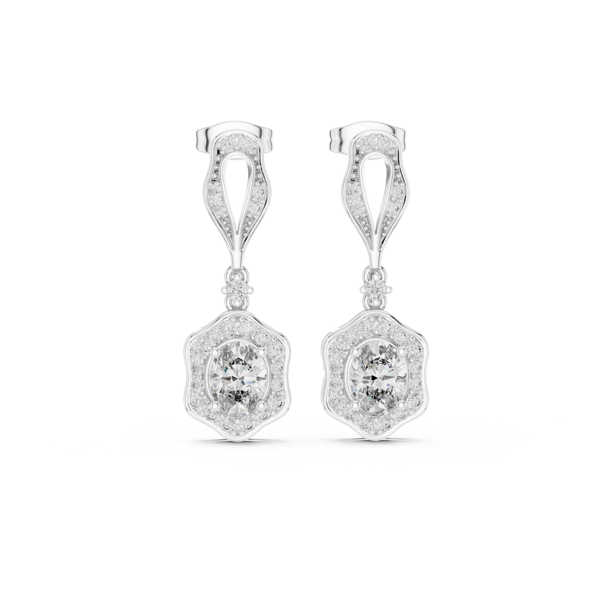 Vintage-Inspired Oval Diamond Halo Drop Earrings