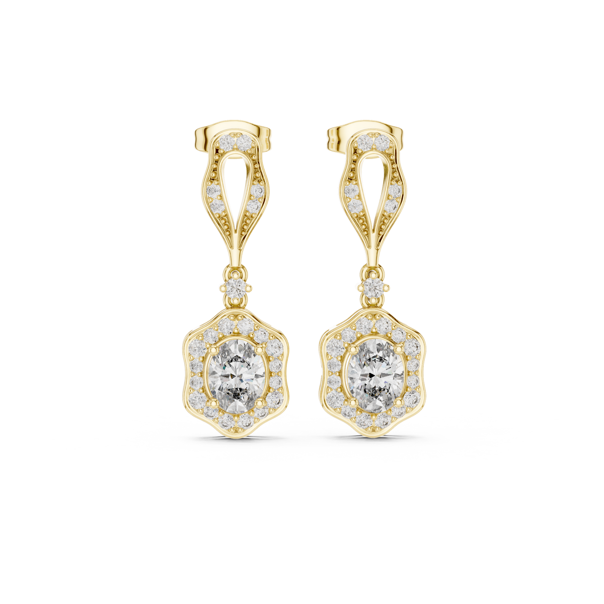 Vintage-Inspired Oval Diamond Halo Drop Earrings