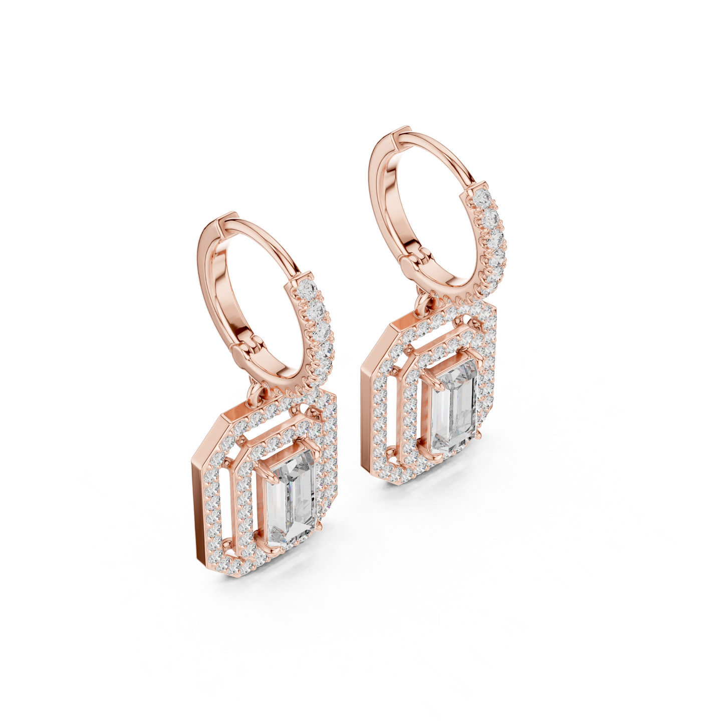 Emerald Cut Diamond Halo Drop Earrings