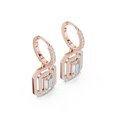 Emerald Cut Diamond Halo Drop Earrings