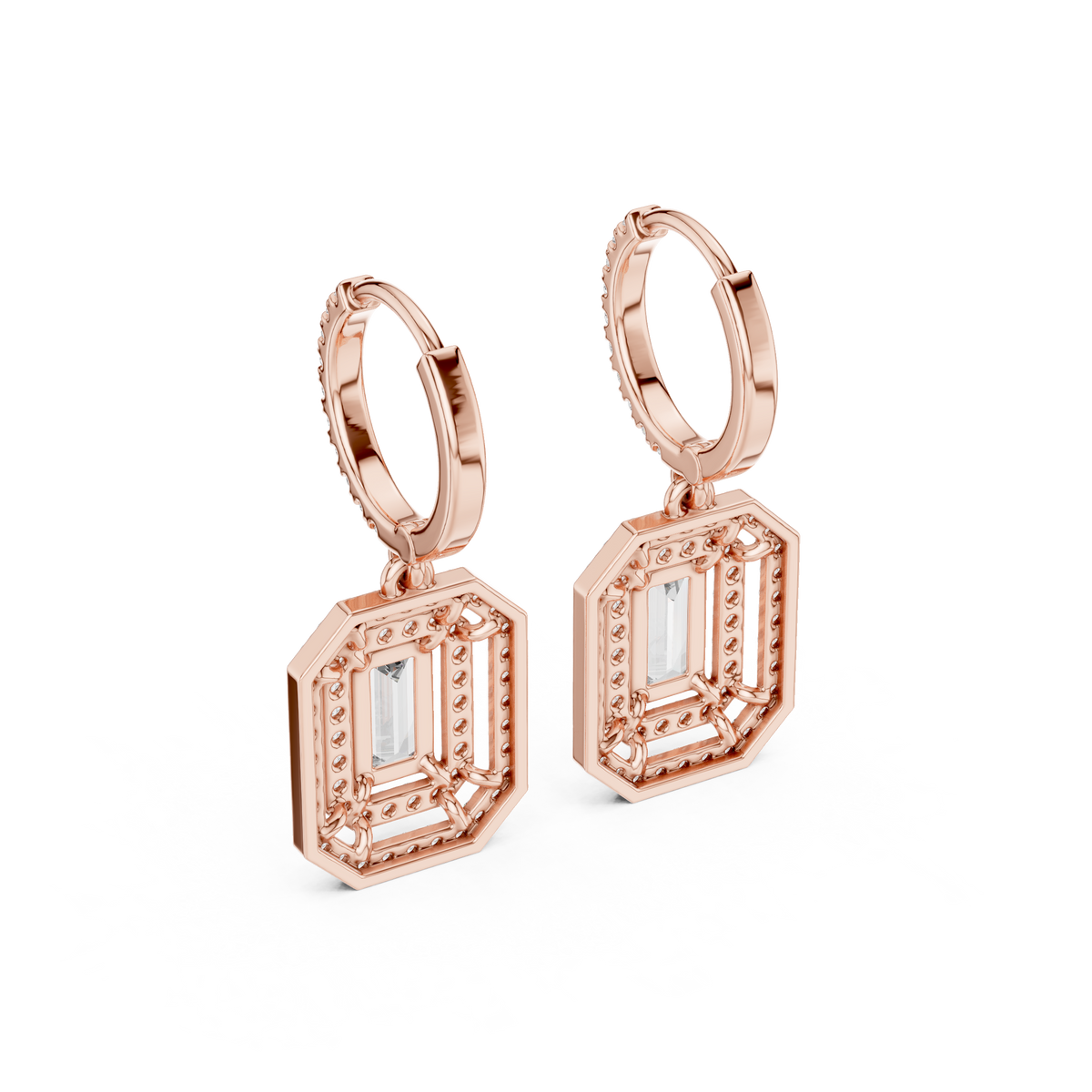 Emerald Cut Diamond Halo Drop Earrings