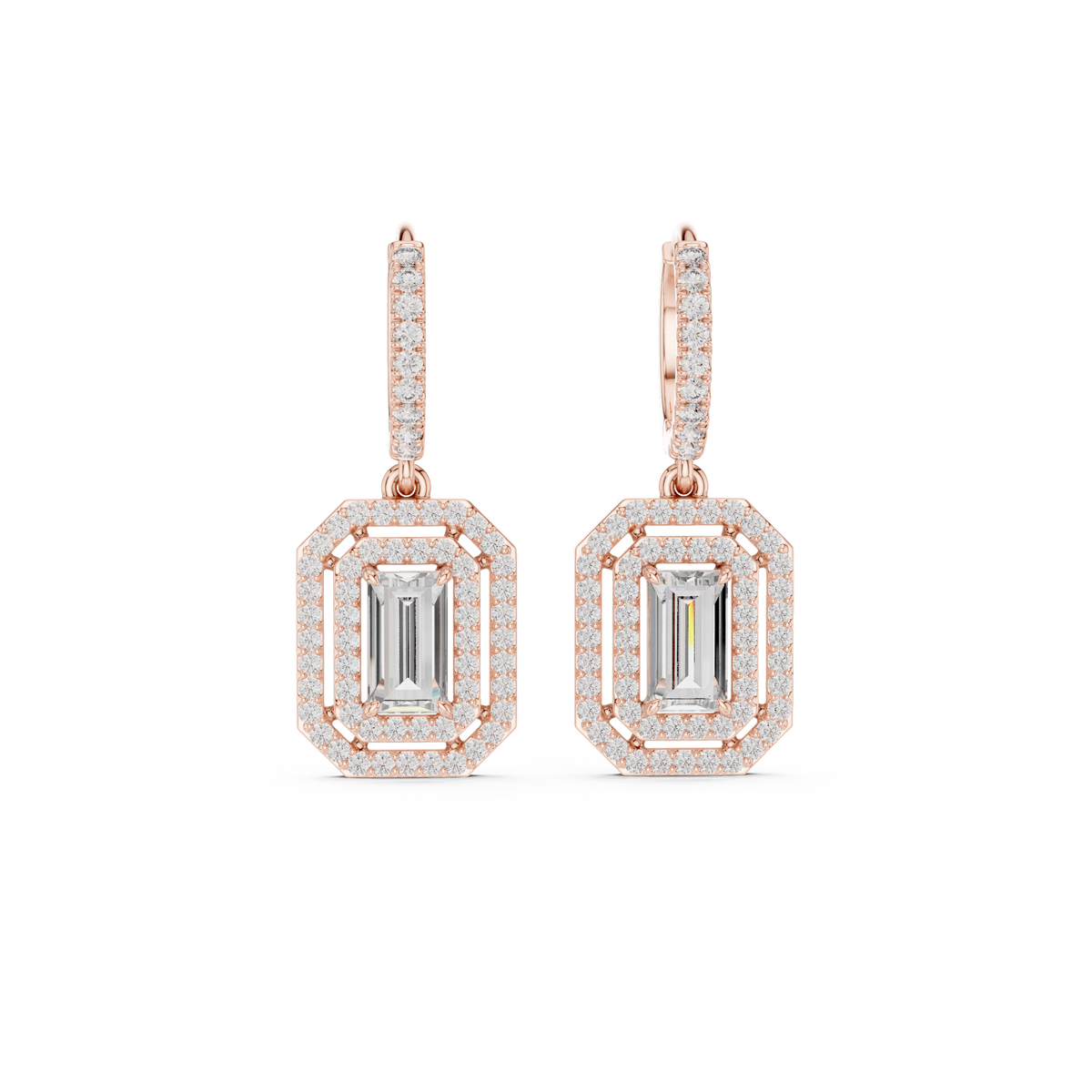 Emerald Cut Diamond Halo Drop Earrings