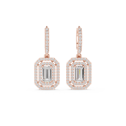 Emerald Cut Diamond Halo Drop Earrings