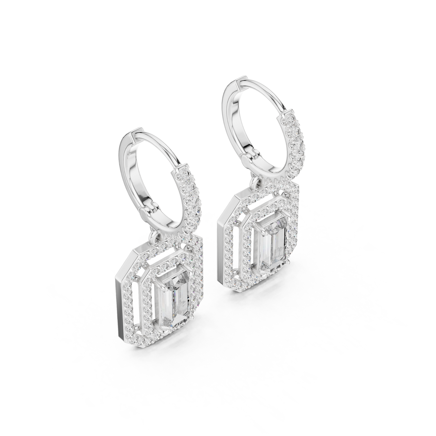 Emerald Cut Diamond Halo Drop Earrings