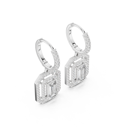 Emerald Cut Diamond Halo Drop Earrings