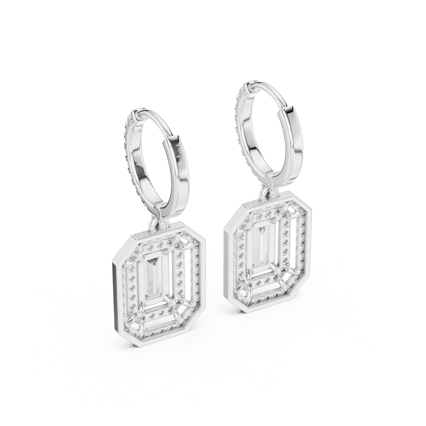 Emerald Cut Diamond Halo Drop Earrings