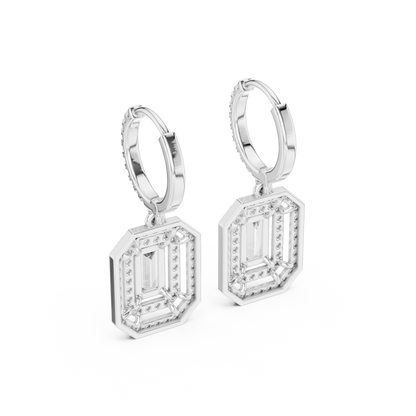Emerald Cut Diamond Halo Drop Earrings