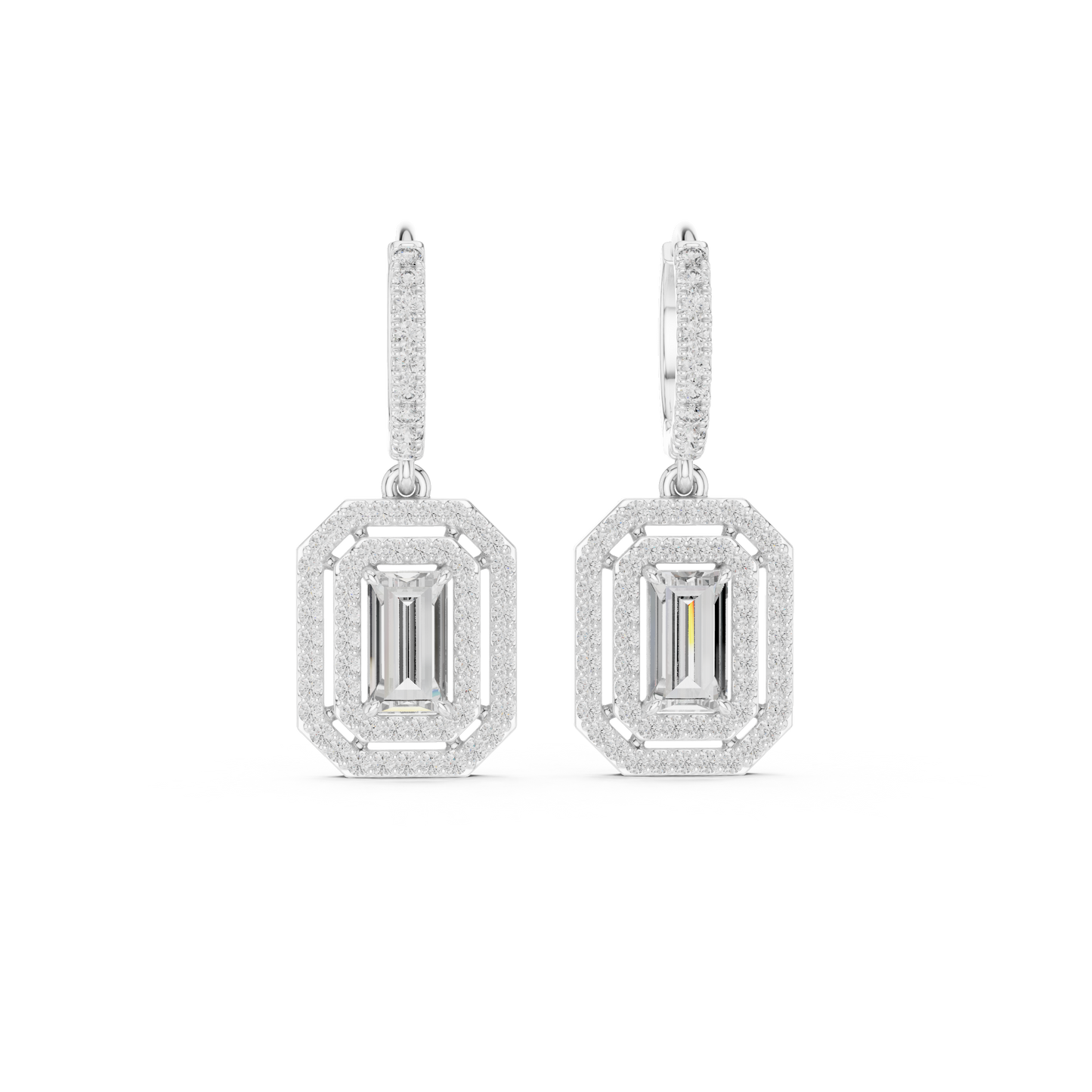 Emerald Cut Diamond Halo Drop Earrings