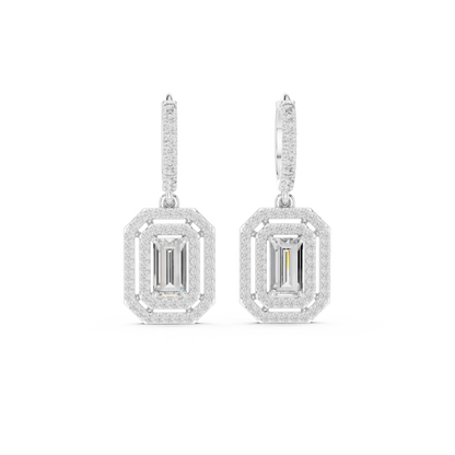 Emerald Cut Diamond Halo Drop Earrings