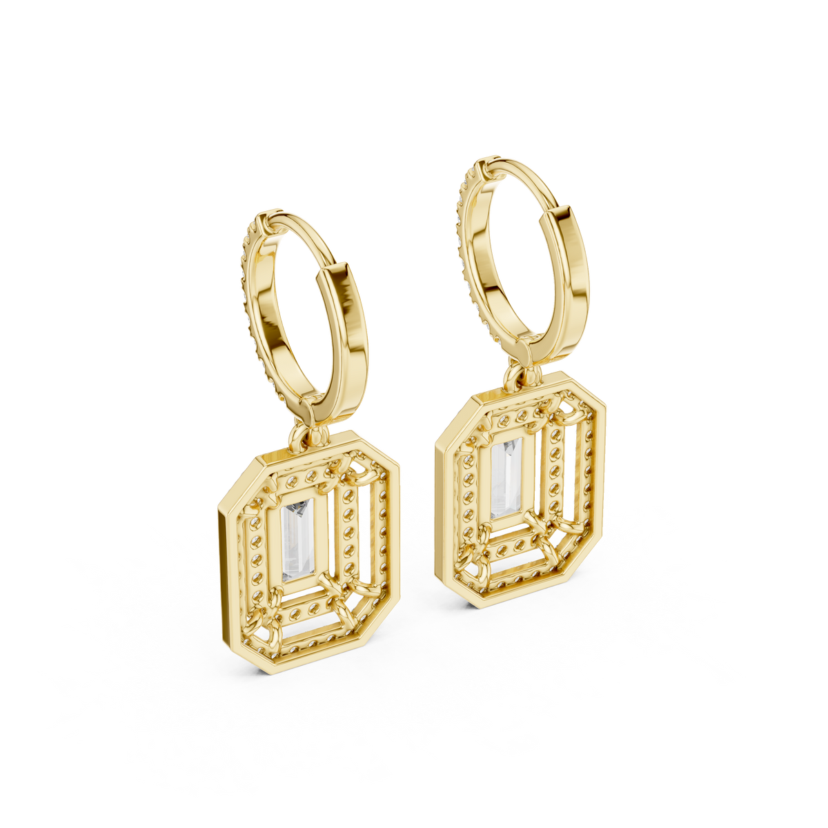 Emerald Cut Diamond Halo Drop Earrings