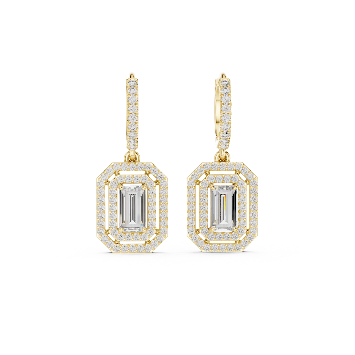 Emerald Cut Diamond Halo Drop Earrings