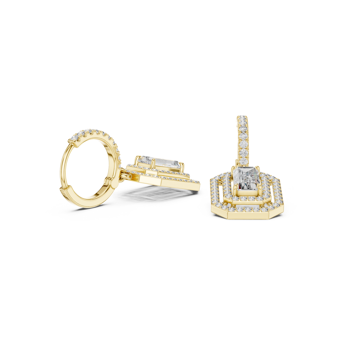 Emerald Cut Diamond Halo Drop Earrings