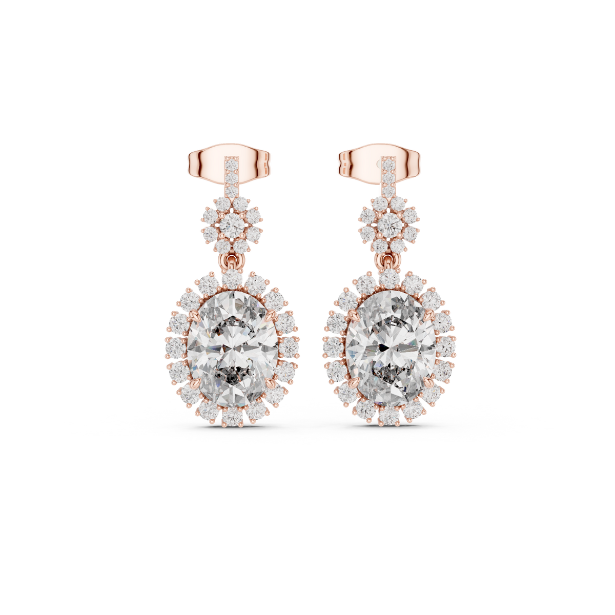 Oval Halo Floral Drop Earrings in 14K Gold with Brilliant Diamond Accents