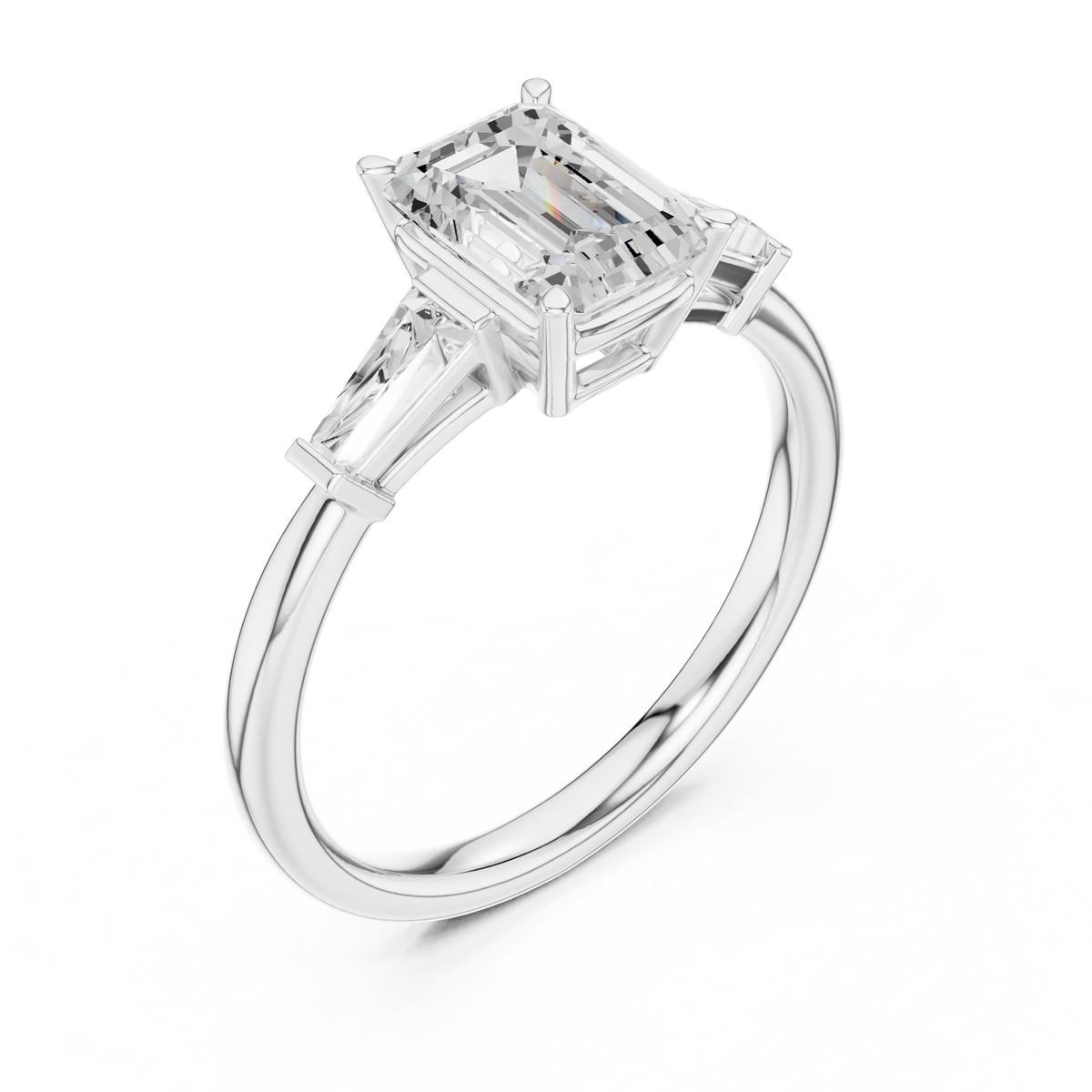 Emerald-Cut Three Stone Ring with Tapered Baguettes