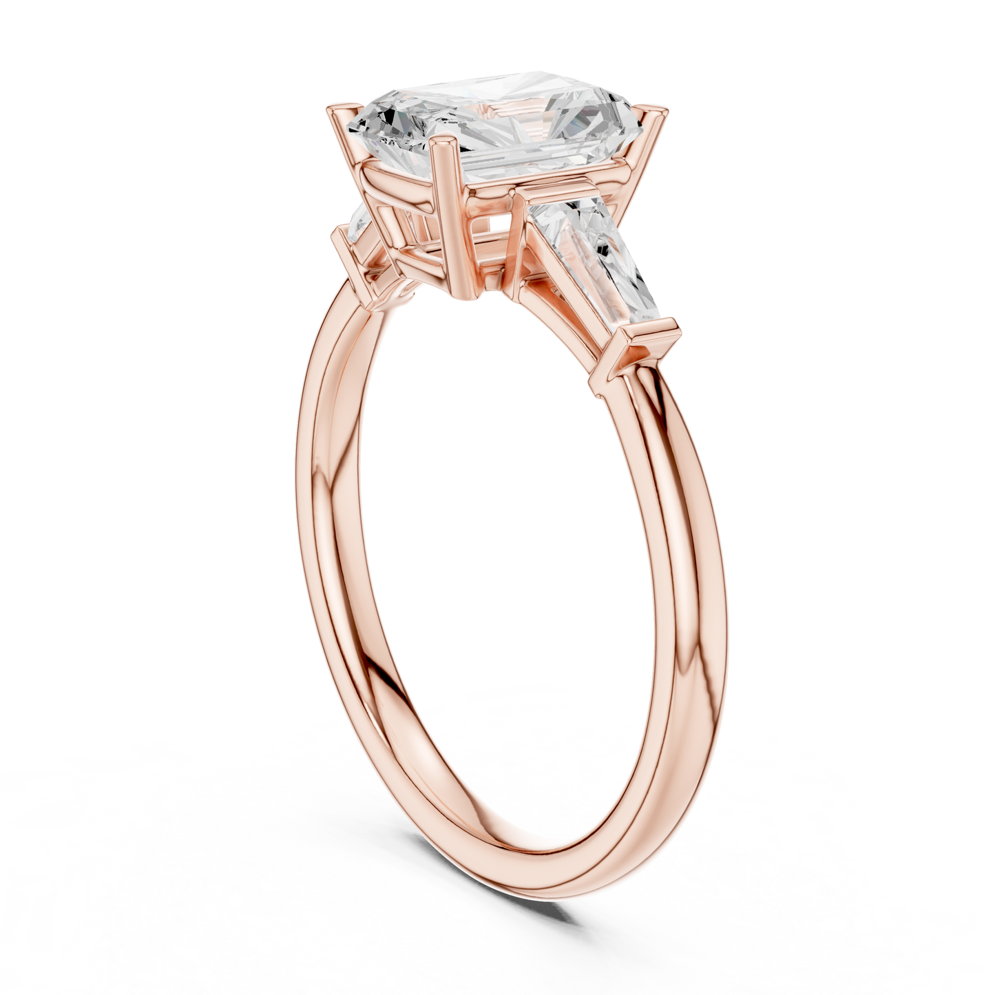 Radiant Cut Three-Stone Engagement Ring with Tapered Baguette Side Stones