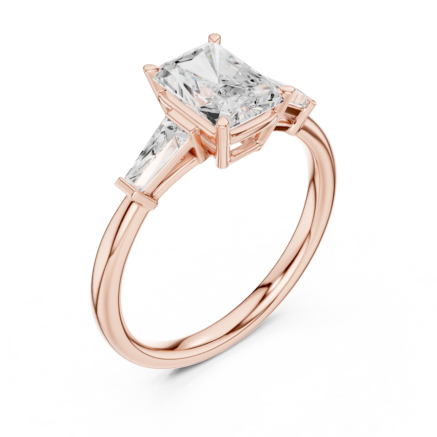 Radiant Cut Three-Stone Engagement Ring with Tapered Baguette Side Stones