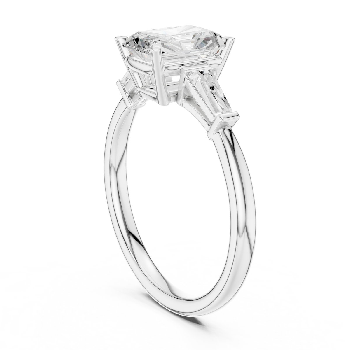Radiant Cut Three-Stone Engagement Ring with Tapered Baguette Side Stones