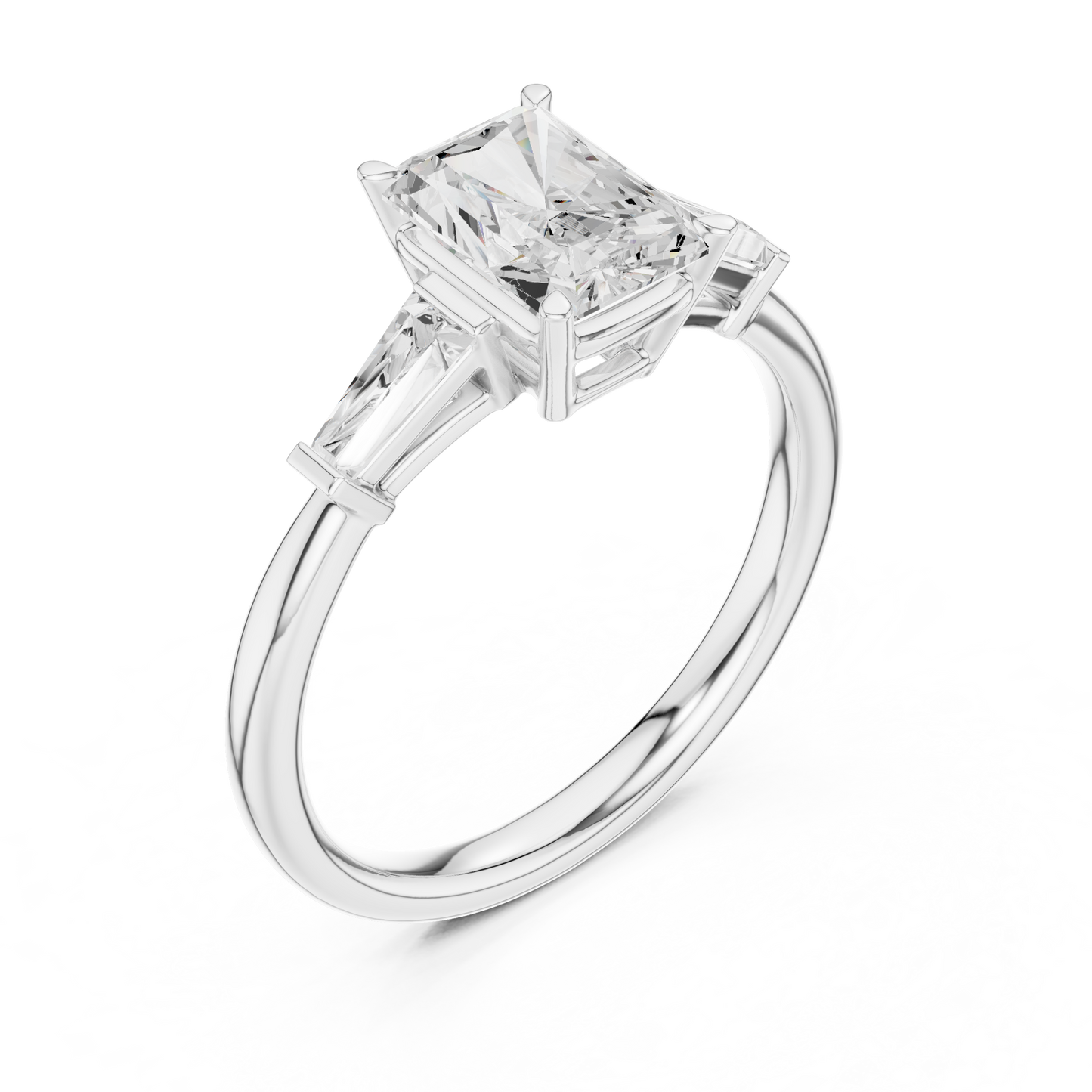 Radiant Cut Three-Stone Engagement Ring with Tapered Baguette Side Stones