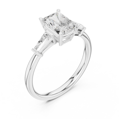 Radiant Cut Three-Stone Engagement Ring with Tapered Baguette Side Stones