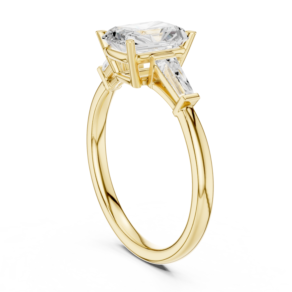 Radiant Cut Three-Stone Engagement Ring with Tapered Baguette Side Stones
