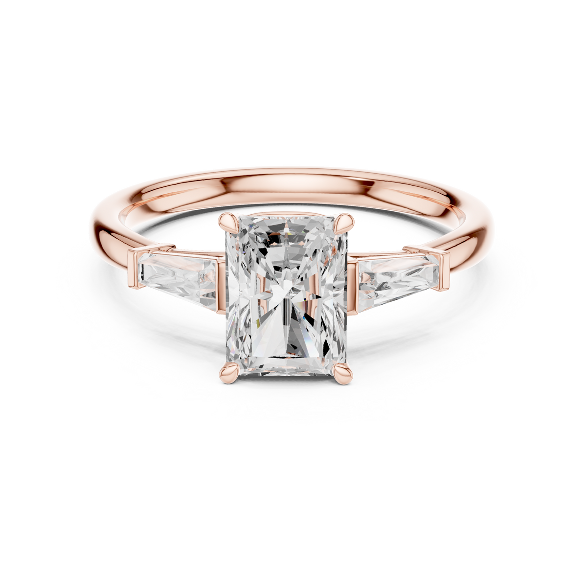 Radiant Cut Three-Stone Engagement Ring with Tapered Baguette Side Stones