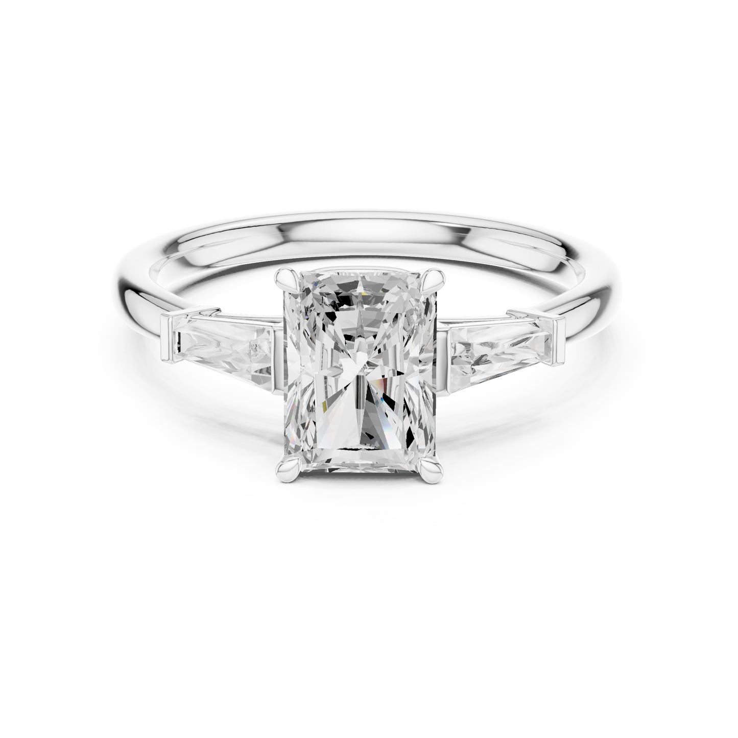 Radiant Cut Three-Stone Engagement Ring with Tapered Baguette Side Stones