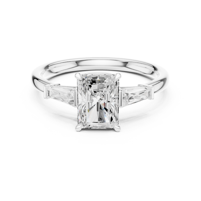 Radiant Cut Three-Stone Engagement Ring with Tapered Baguette Side Stones